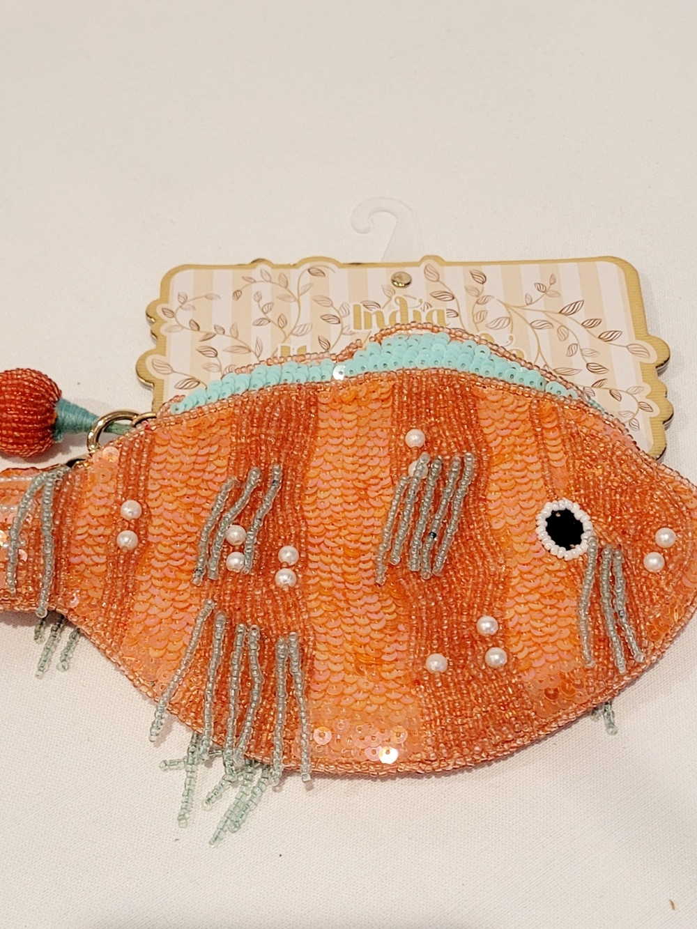 Sequin Hand Beaded Orange Fish Coin Purse - Picture 2 of 4